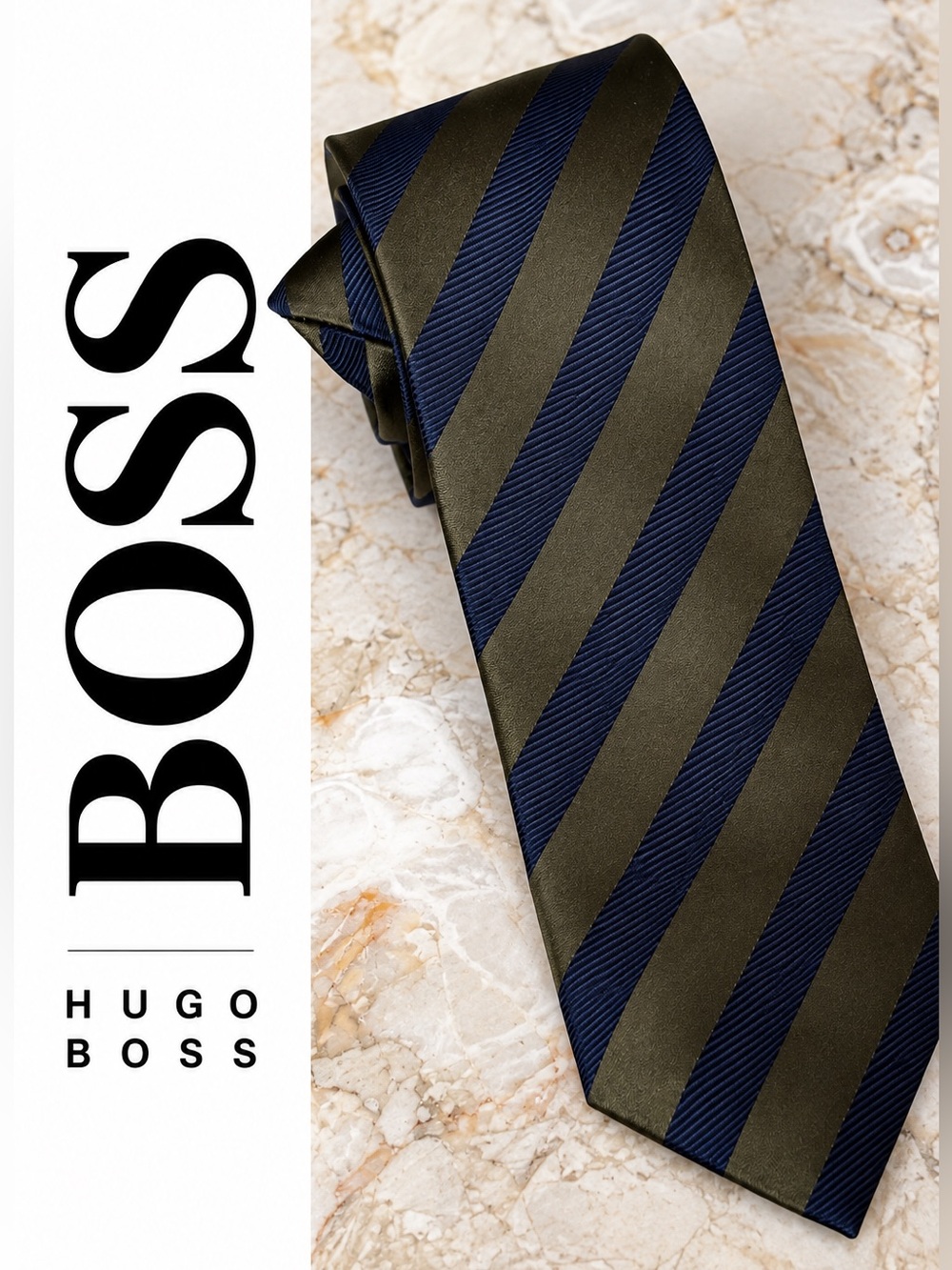 HUGO BOSS Made in Italy 100% Silk Striped Men’s Tie Navy & Olive Green